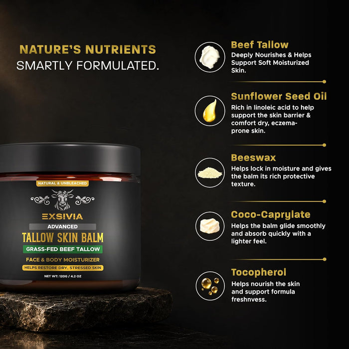 EXSIVIA Unbleached Beef Tallow Skin Balm, Fragrance-Free Face & Body Moisturizer with Sunflower Oil & Beeswax, Fast-Absorbing Deep Moisture for Dry Skin EXSIVIA