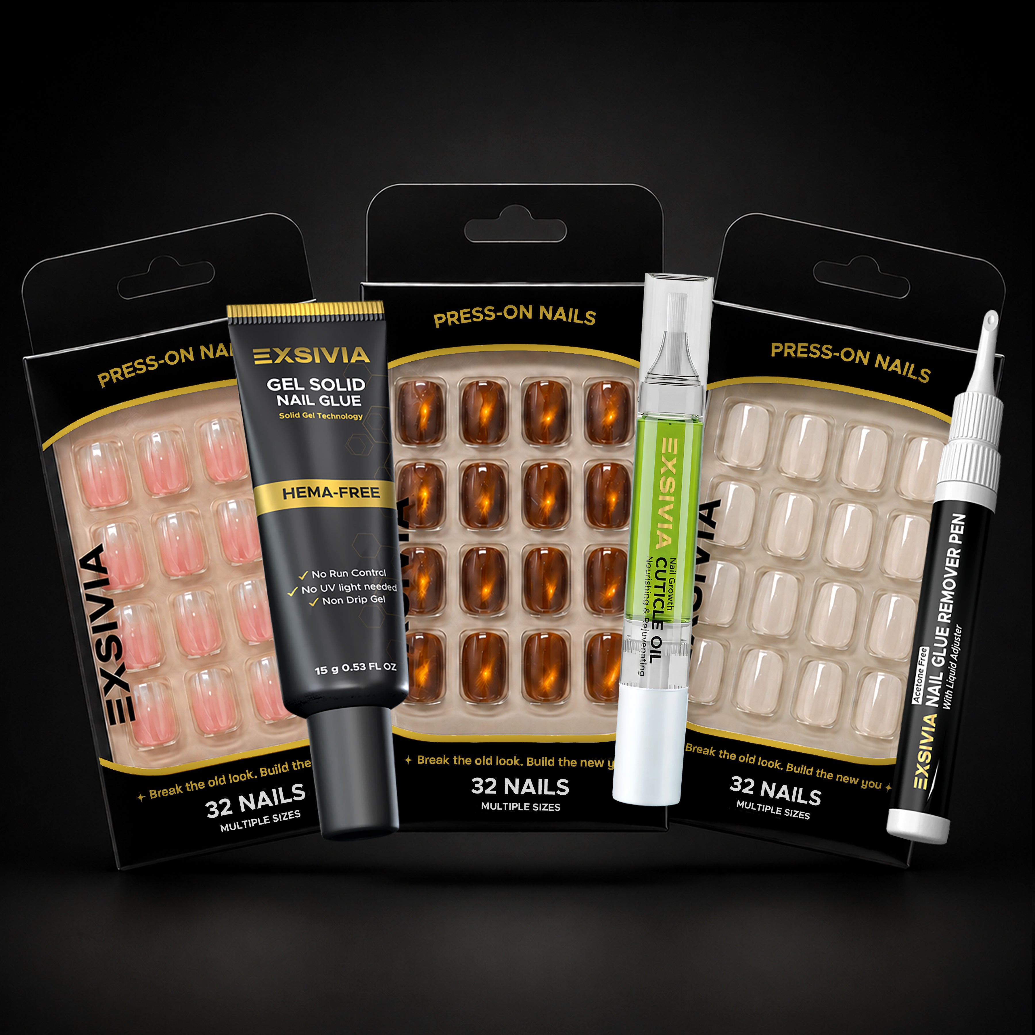 Exsivia Everyday Essentials Short Square Press-On Nail Bundle – Mocha Nude, Snow White & Soft French – 3 x 32PC Nail Sets + Gel Solid Nail Glue, Remover Pen & Cuticle Oil EXSIVIA