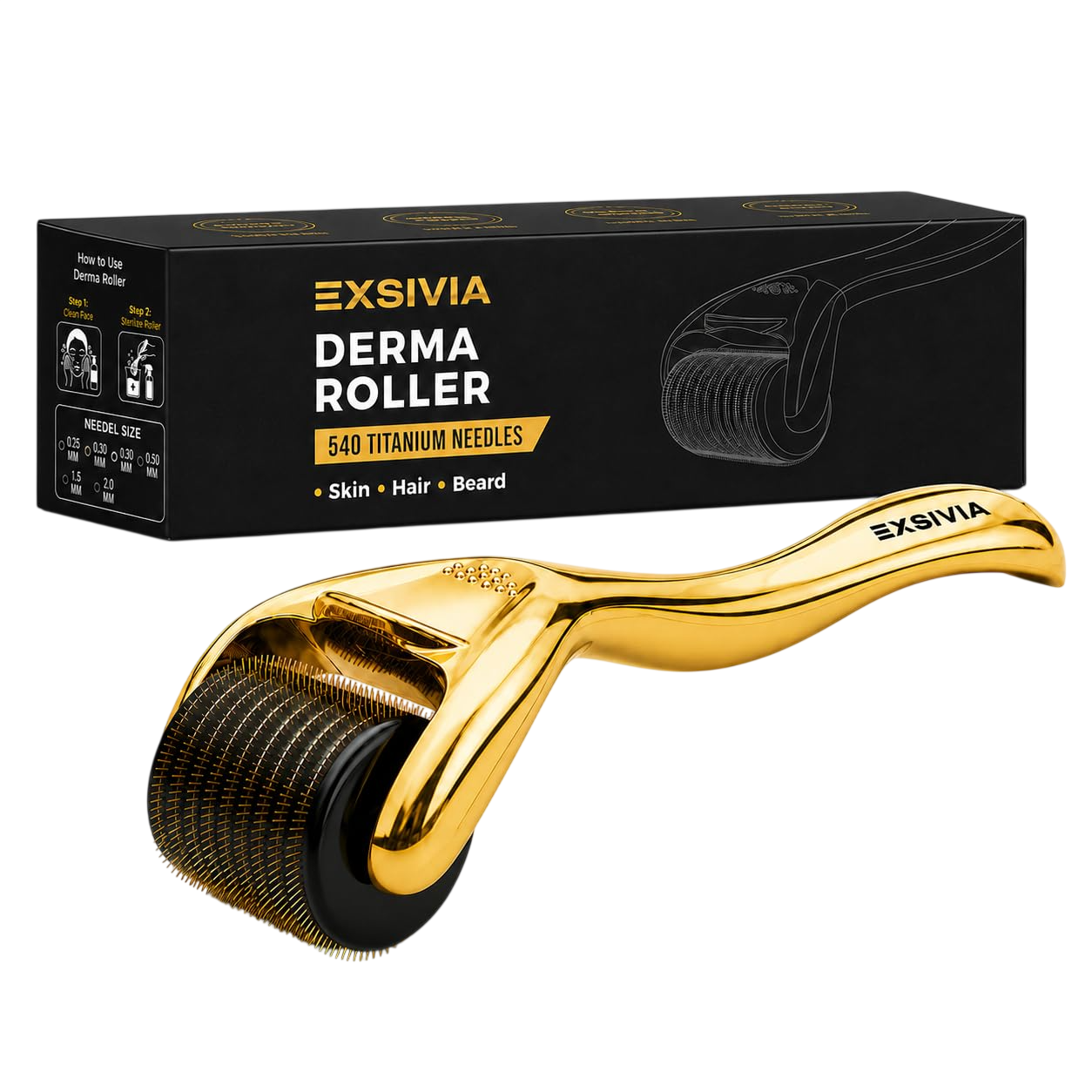 Derma Roller for Face, Beard, and Hair - 0.25mm Microneedle Titanium Needles Roller For Men and Women EXSIVIA
