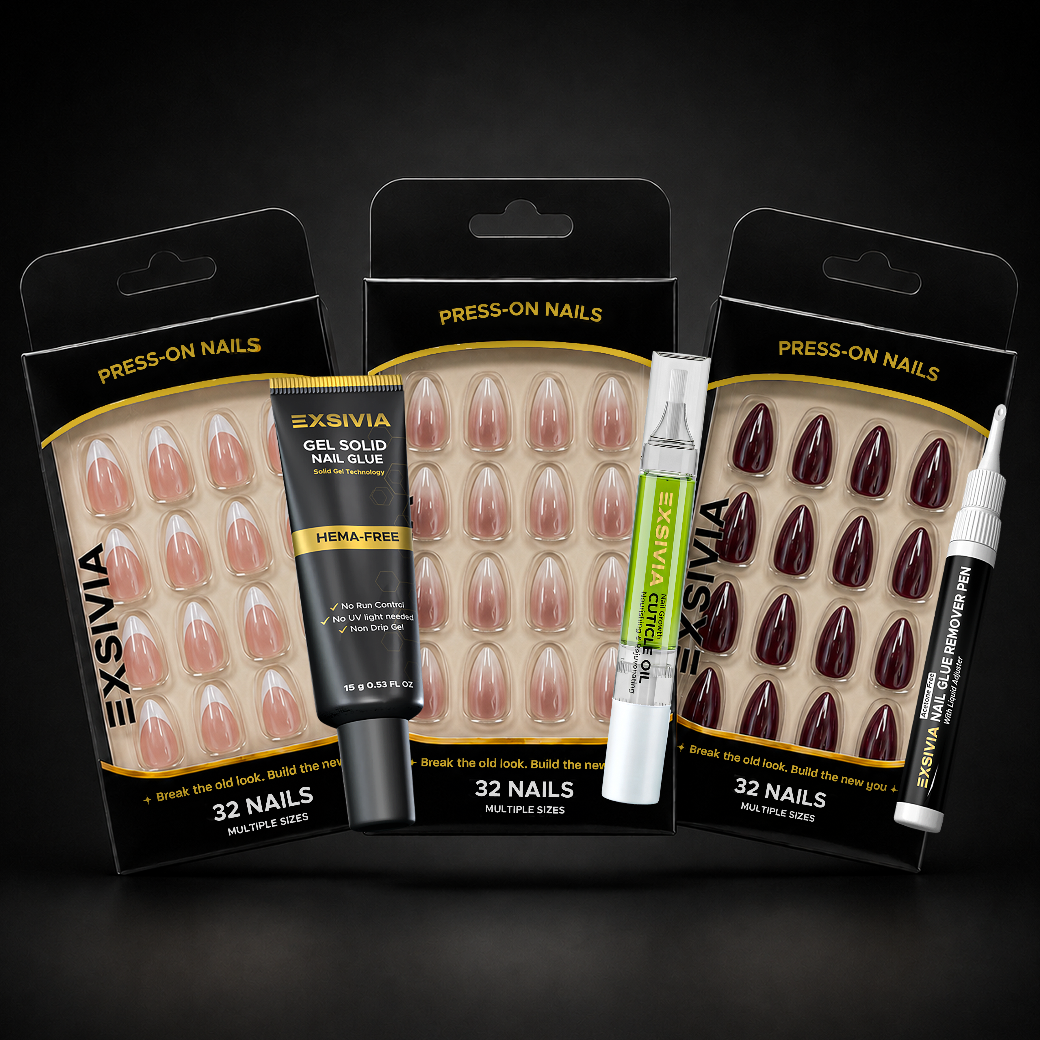 Exsivia Everyday Essentials Short Square Press-On Nail Bundle – Mocha Nude, Snow White & Soft French – 3 x 32PC Nail Sets + Gel Solid Nail Glue, Remover Pen & Cuticle Oil EXSIVIA