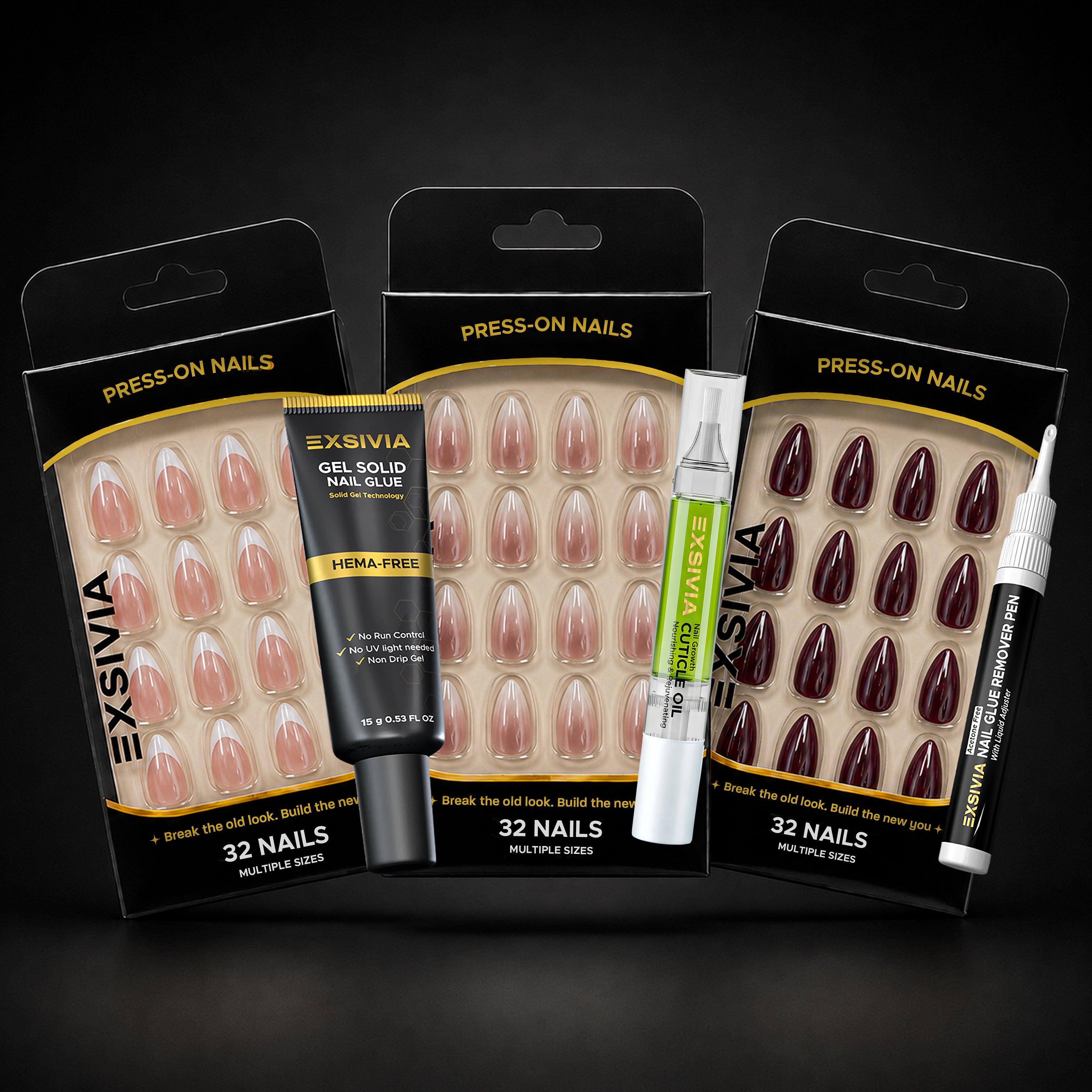 Exsivia Everyday Essentials Short Square Press-On Nail Bundle – Mocha Nude, Snow White & Soft French – 3 x 32PC Nail Sets + Gel Solid Nail Glue, Remover Pen & Cuticle Oil EXSIVIA