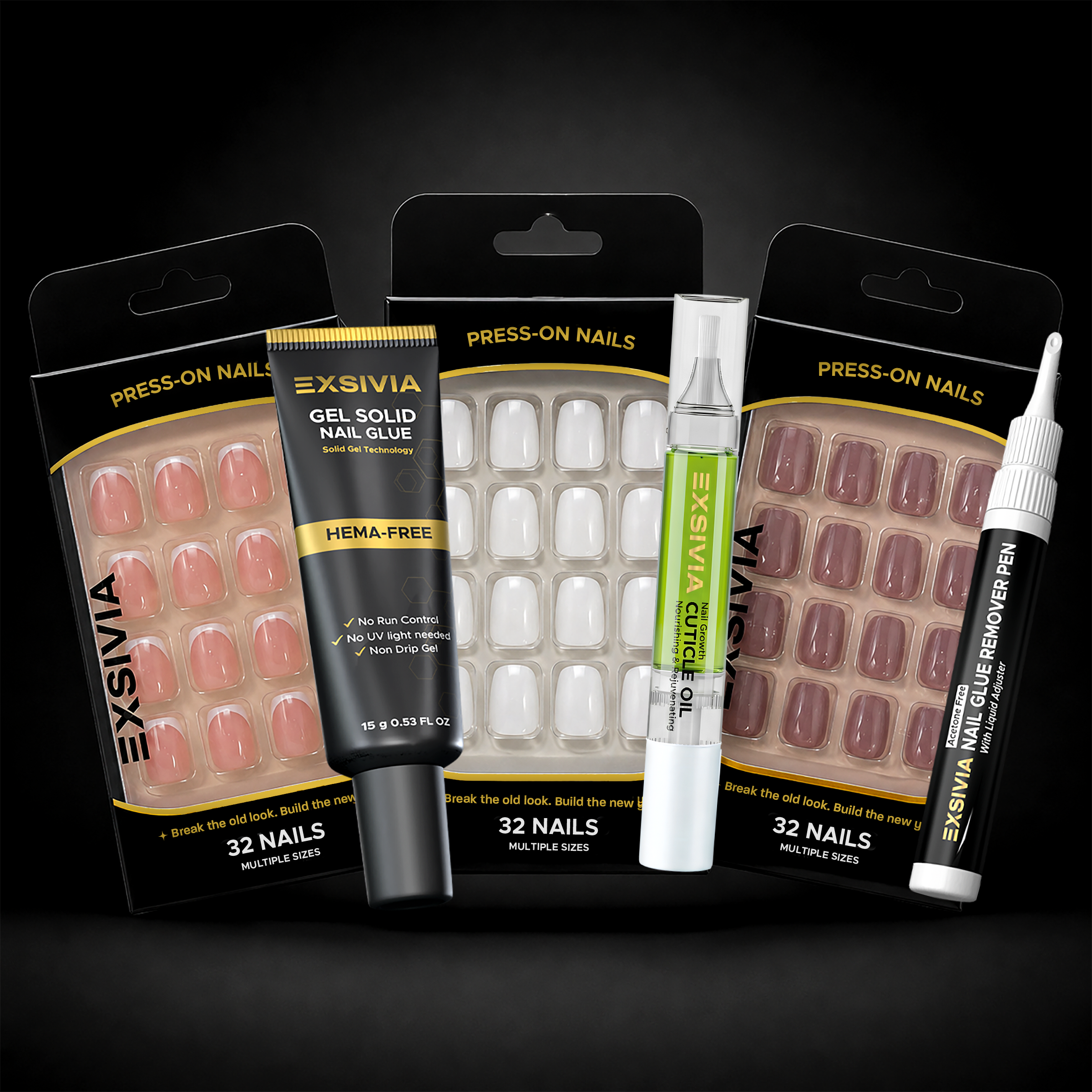 Exsivia Everyday Essentials Short Square Press-On Nail Bundle – Mocha Nude, Snow White & Soft French – 3 x 32PC Nail Sets + Gel Solid Nail Glue, Remover Pen & Cuticle Oil EXSIVIA